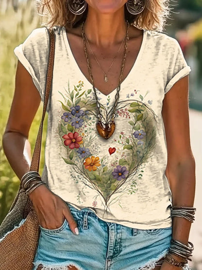 Women's Floral Heart Art V-Neck Casual T-Shirt
