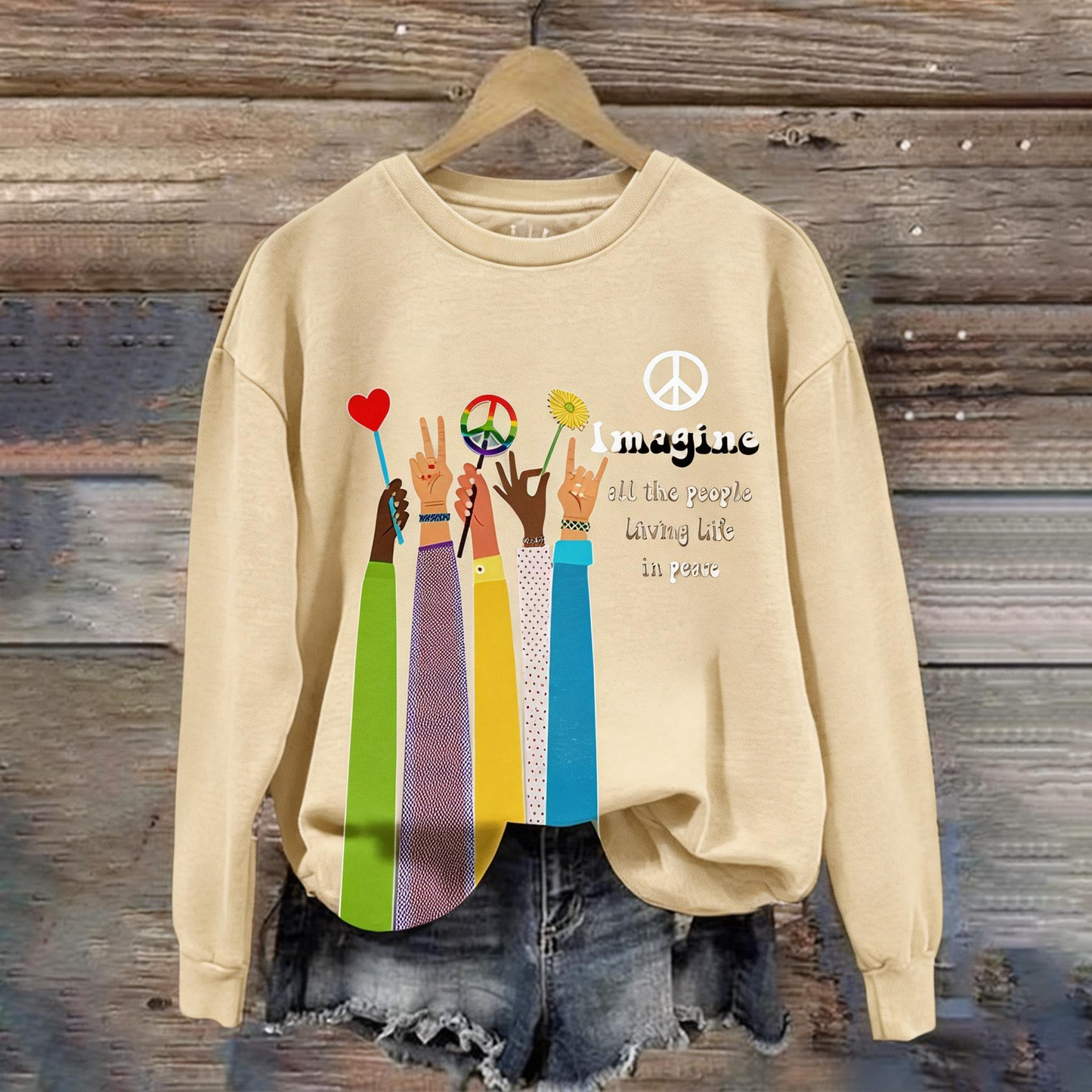 Retro Hippie Imagine All The People Living Life In Peace Print Sweatshirt