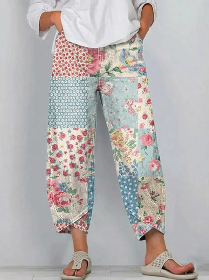 Women's Ethnic Wave Patchwork Art Print Cotton Jeans
