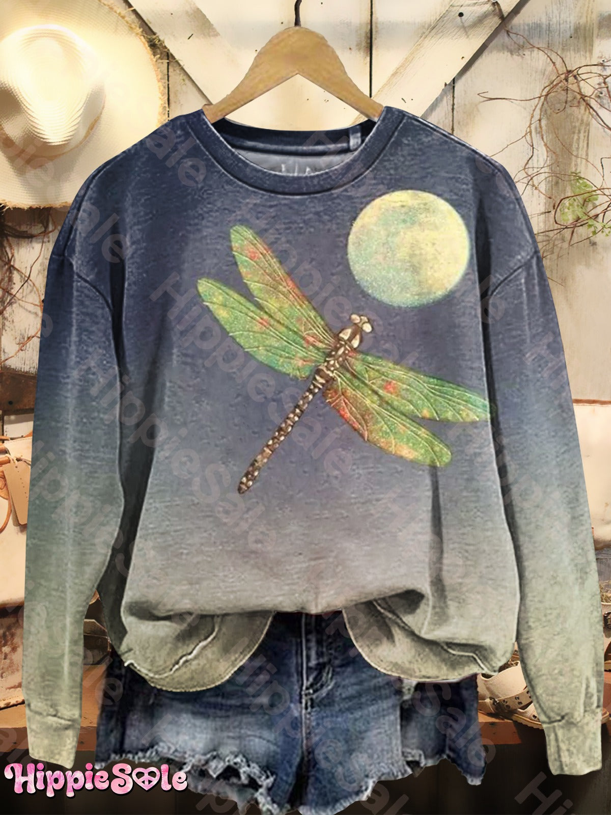 Women's Vintage Dragonfly Moon Art Print Casual Long Sleeve T-shirt