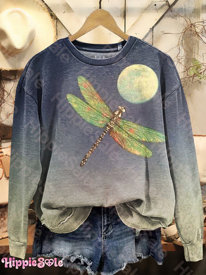 Women's Vintage Dragonfly Moon Art Print Casual Long Sleeve T-shirt