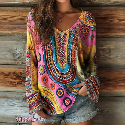 Women's Striped Art Print Casual V-Neck Long Sleeve Top