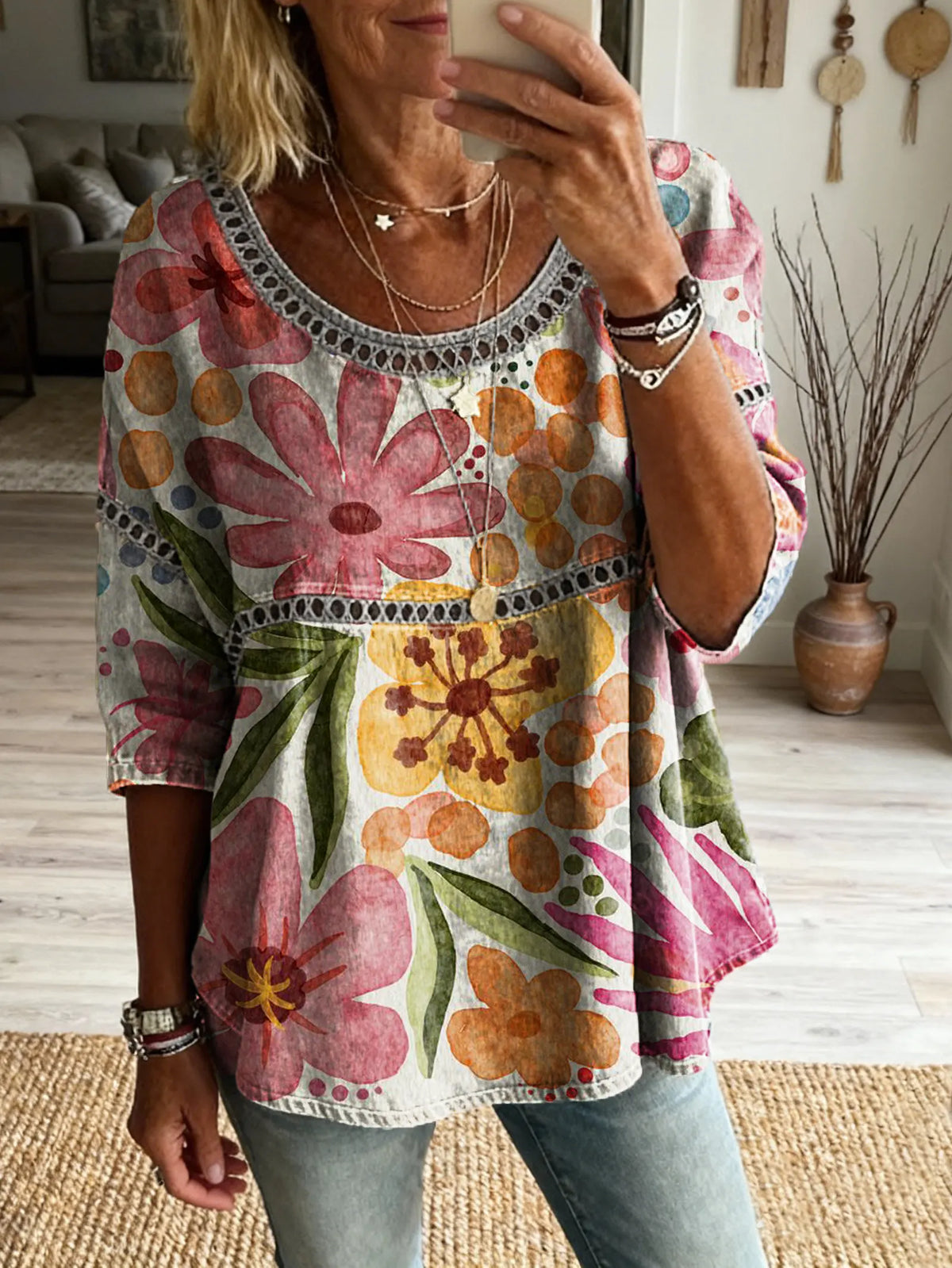Ethnicity Geometry Bohemian Flowers Women's Vintage Art Print Casual Round Neck Cutout Top