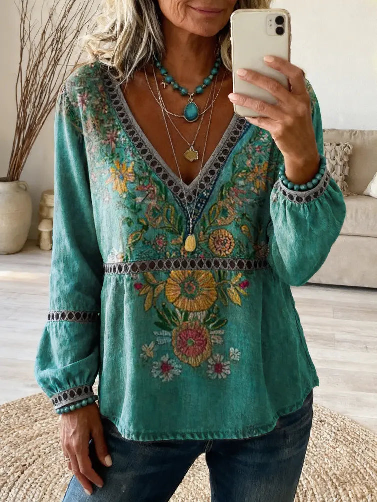 Women's Retro Floral Art Print Casual Long Sleeve V-Neck Hollow-Out Top