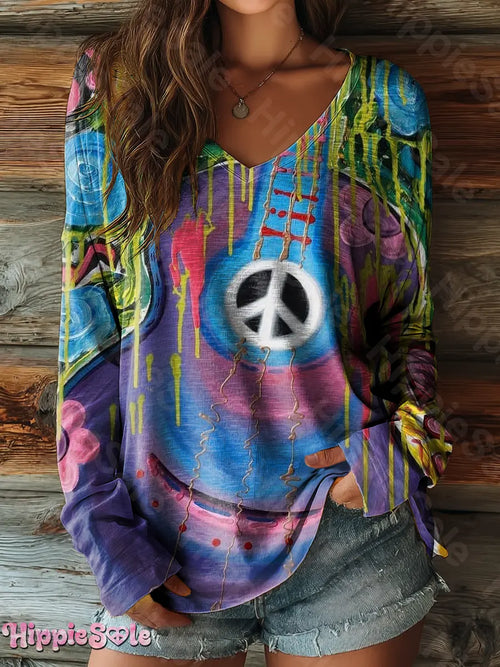 Women's Hippie Colorful Music Art Print Casual V-Neck Long Sleeve T-Shirt