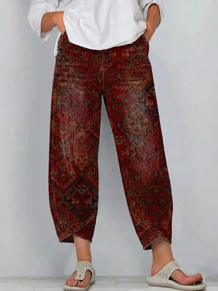 Women's Retro Diamond Pattern Ethnic Floral Art Print Casual Denim Cotton Pants