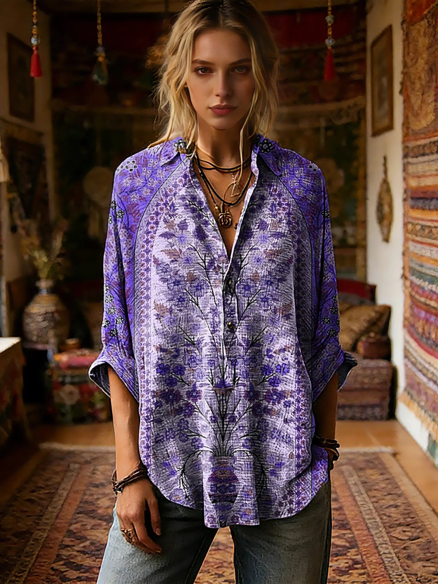 Women's Vintage Ethnic Floral Pattern Art Print Casual Long-sleeve Shirt
