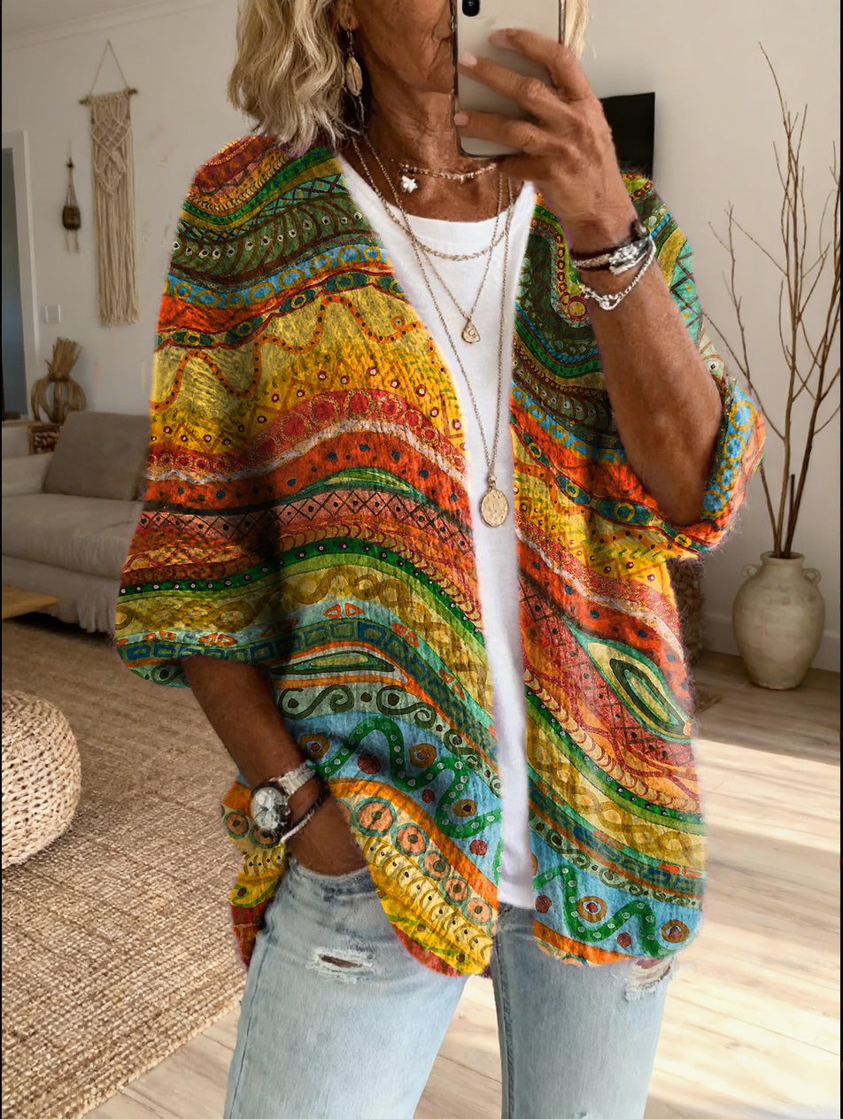 Women's Retro Colorful Art Print Casual Long-sleeve Wool Blend Knit Cardigan Sweater