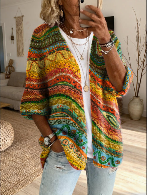 Women's Retro Colorful Art Print Casual Long-sleeve Wool Blend Knit Cardigan Sweater