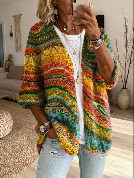Women's Retro Colorful Art Print Casual Long-sleeve Wool Blend Knit Cardigan Sweater
