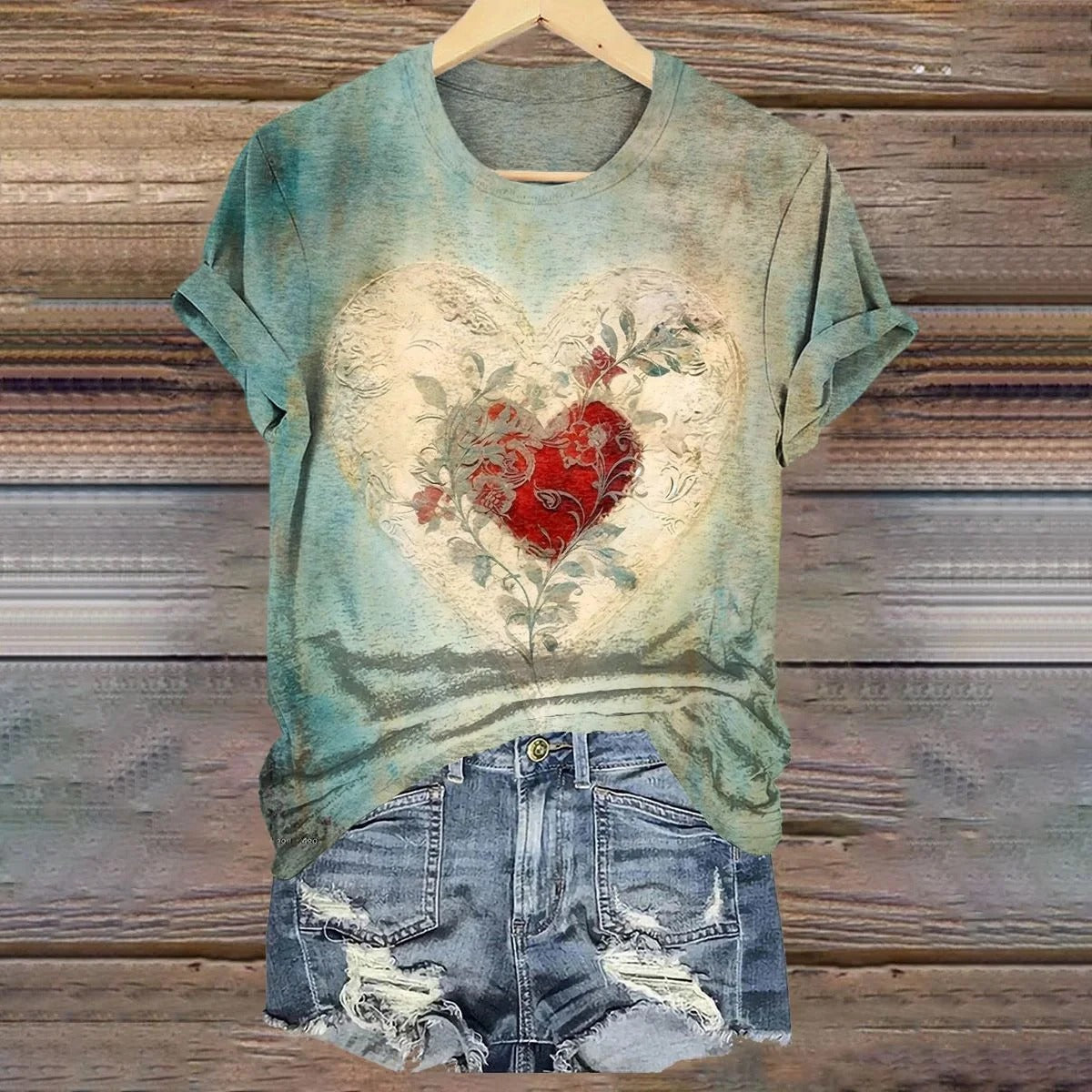 Women's V-Neck Casual T-Shirt with Heart Tattoo Art Print