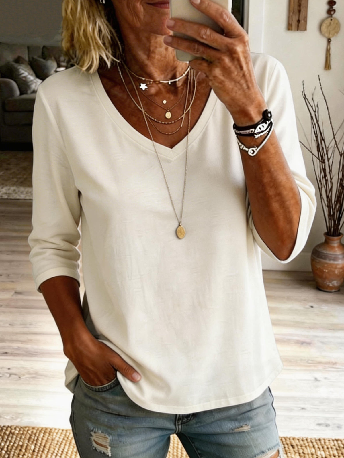 Women's Casual Short-sleeve V-neck Cotton T-shirt