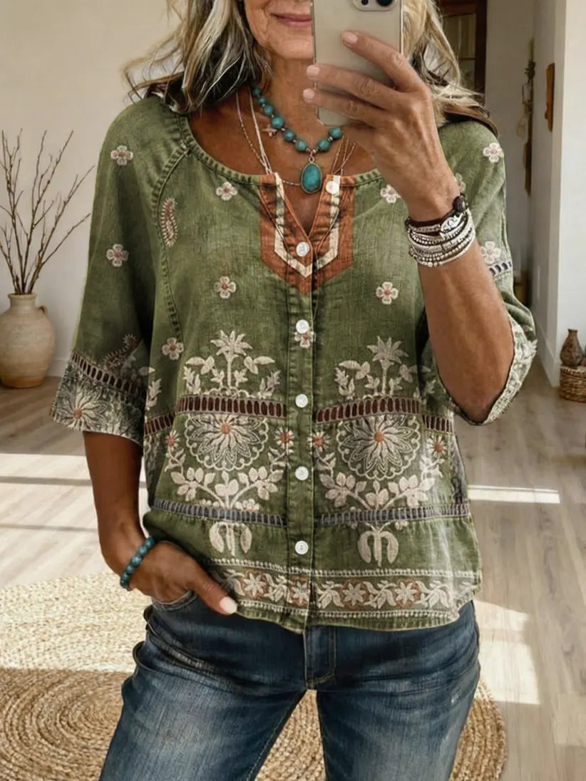 Women's Retro Floral Texture Art Print Casual Hollow-Out Top