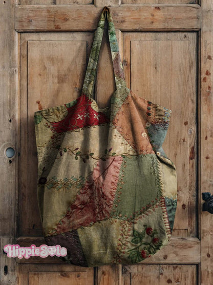 Vintage Patchwork Print Linen Tote Bag