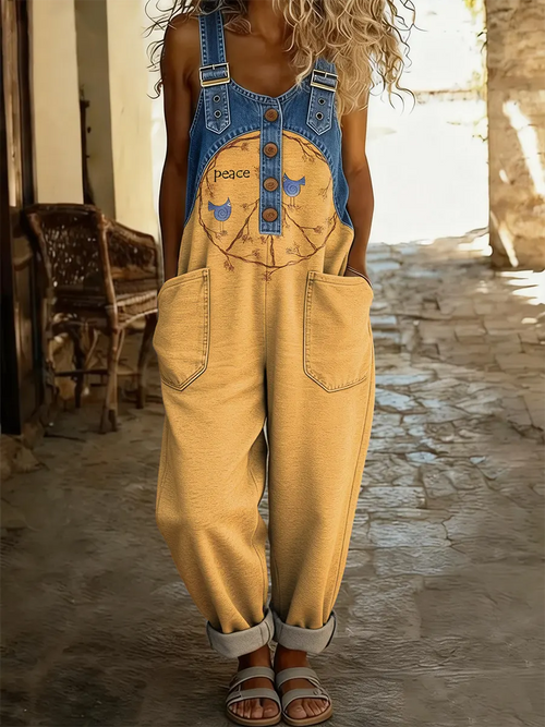 Women's Hippie Peace Bird Art Print Patchwork Denim Overalls