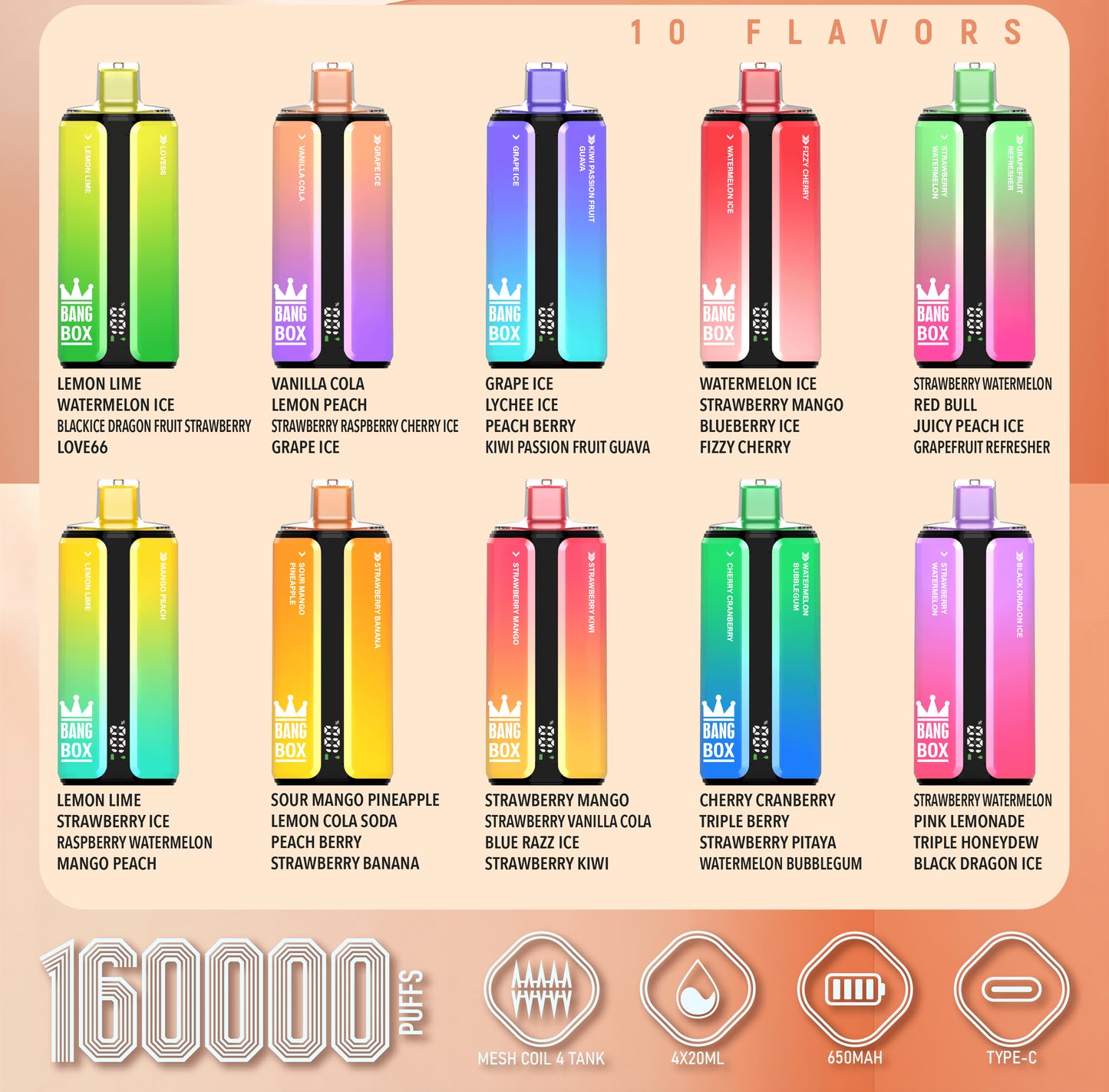 Bang Box 160000 160K Puffs 4 In 1 Flavors Original Rechargeable LED Display Disposable Vape