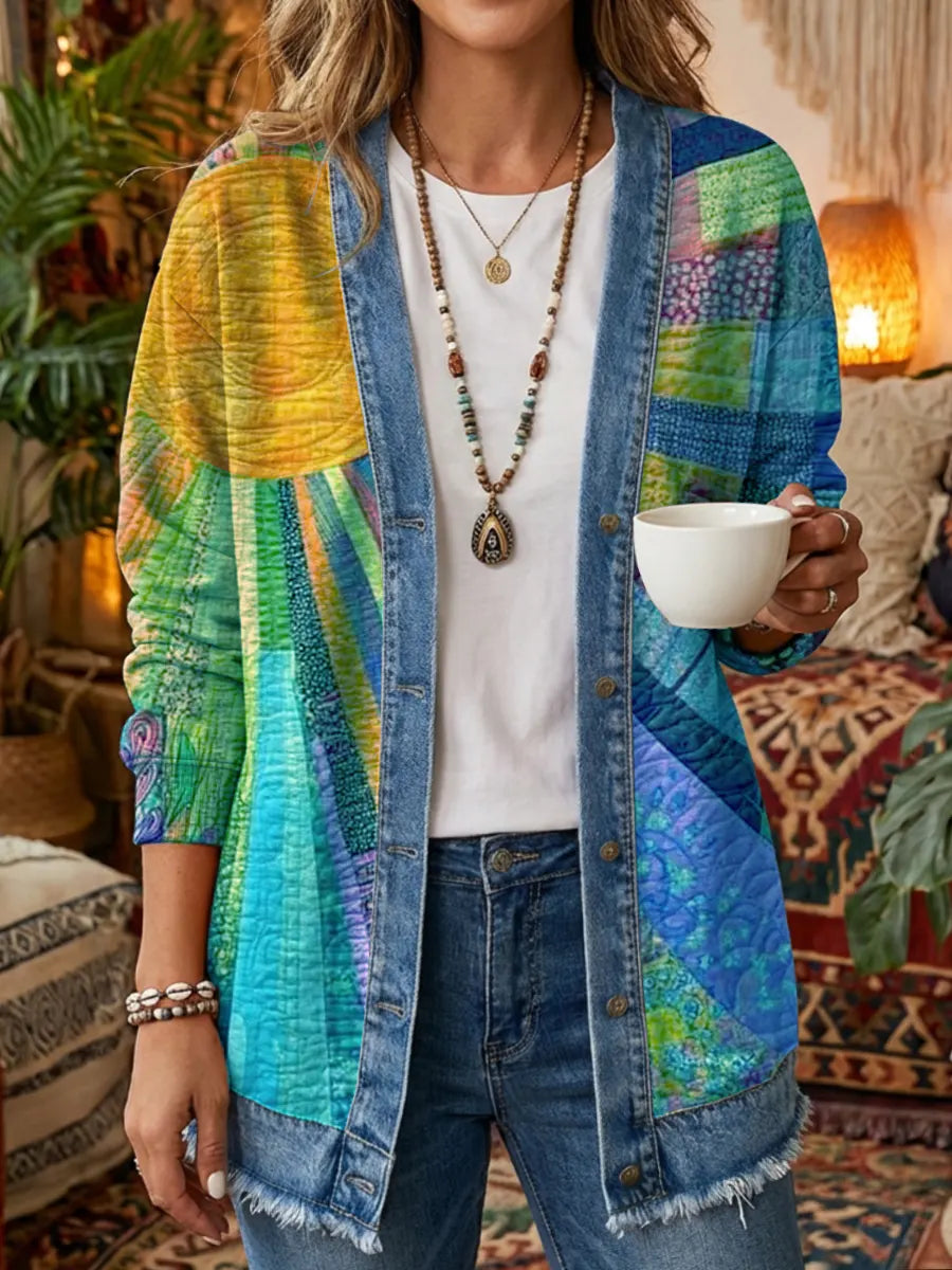 Vintage Sun Patchwork Women's Art Print Casual Long Sleeve Shirt Denim Coat