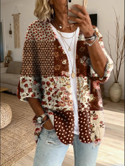 Women's Vintage Patchwork Floral Art Print Casual Cardigan Sweater