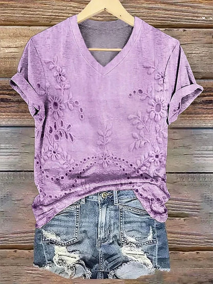 Women's Vintage Floral Texture Patterns Print V-neck Casual T-Shirt