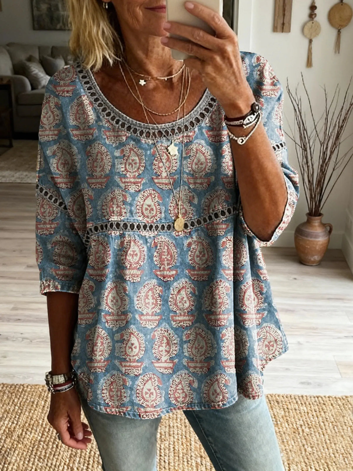 Women's Floral Pattern Art Print Casual Round Neck Lace-up Top
