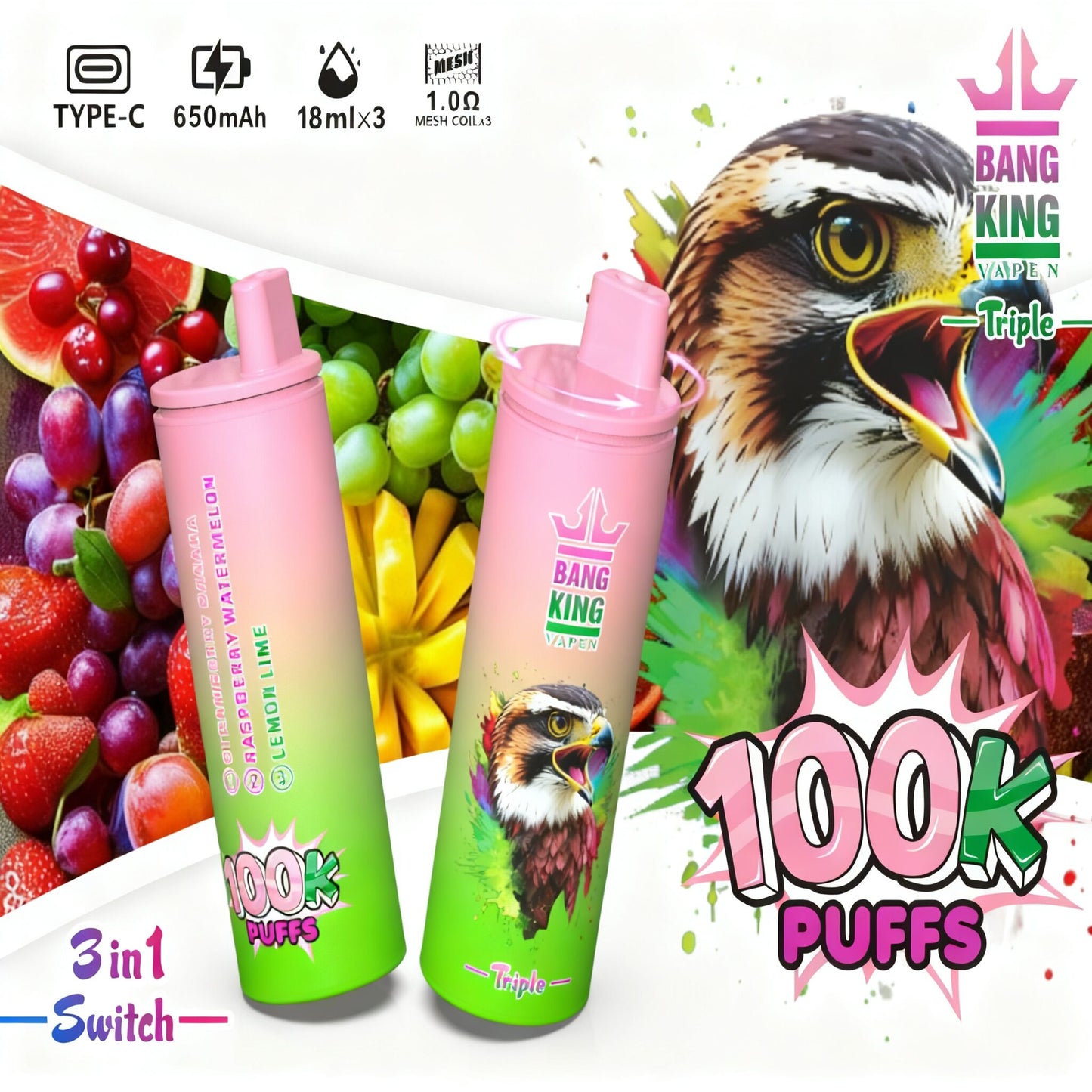 Bang King Triple 100000 100K Puffs 3 in 1 Flavors Original Rechargeable Disposable Vape