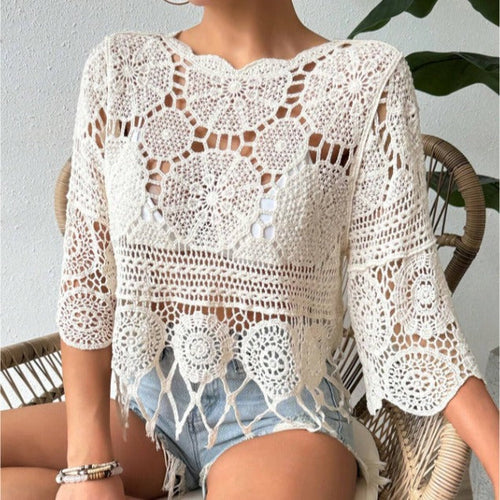 🌴Boho Chic Swim Cover-Up✨ Fringe Knit Top with 3/4 Sleeves👙 Casual Beach & Party Wear☀️ Spring & Fall