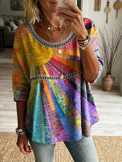 Women's Bohemian Vintage Floral Art Print Casual Round Neck Cutout Top