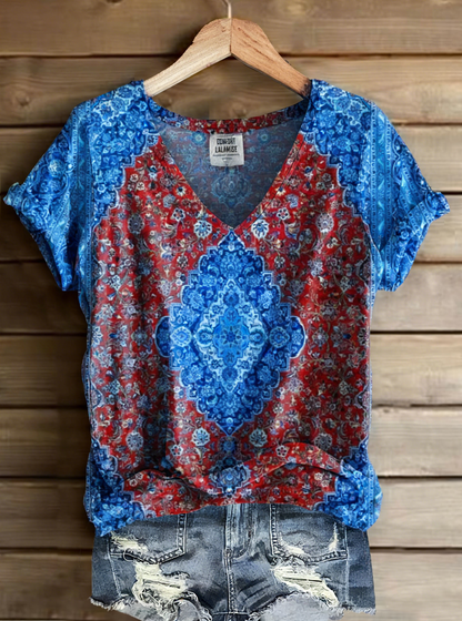Vintage Ethic Print V-neck Casual T-Shirt