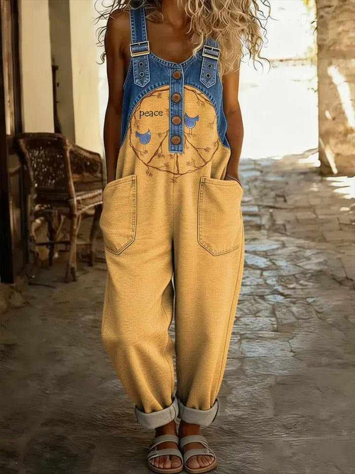 Women's Floral Art Print Patchwork Denim Overalls