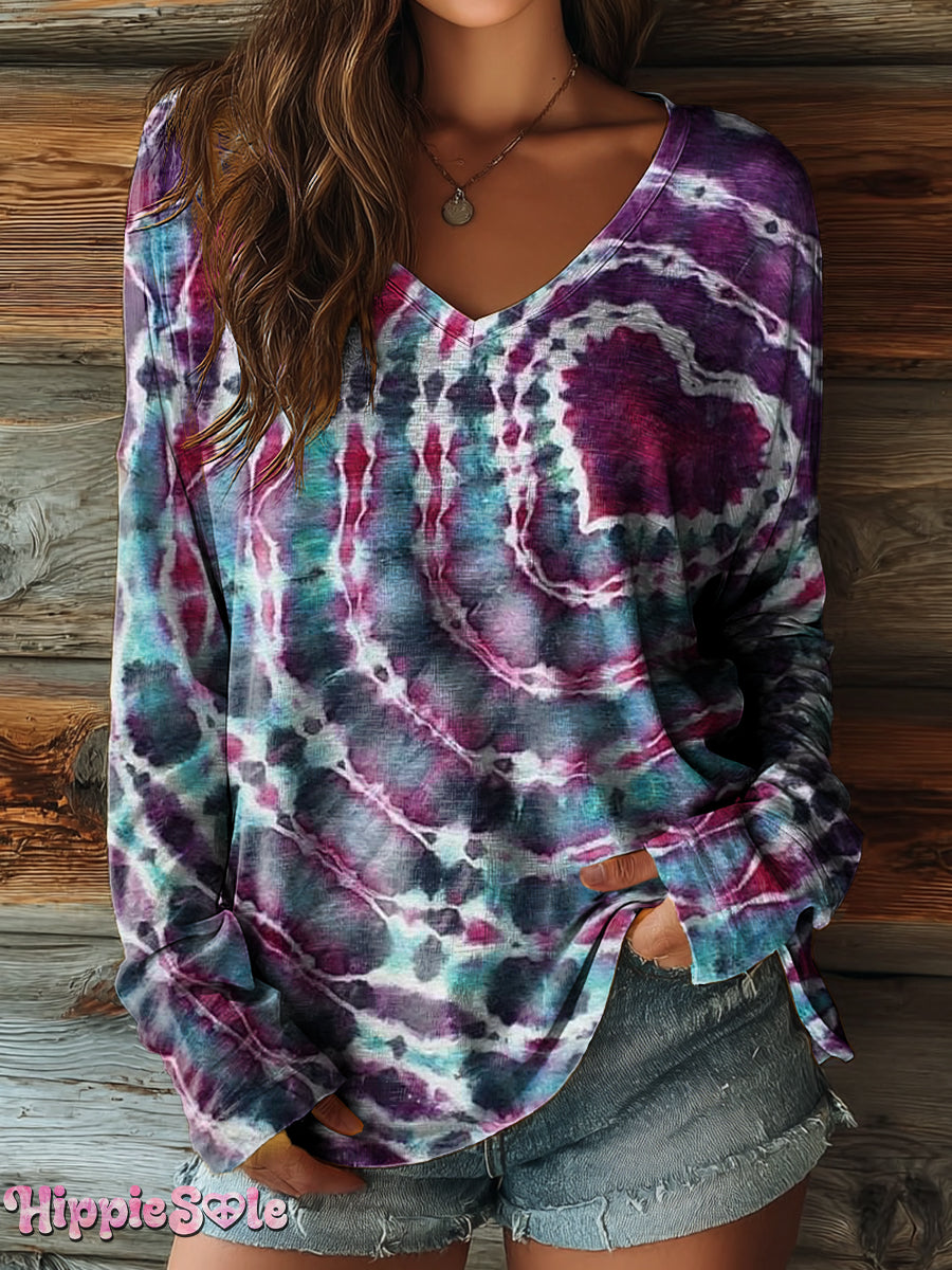 Women's Hippie Tie Dye Love Art Print Casual V-neck Long Sleeve T-shirt