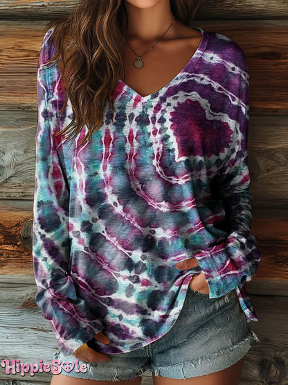 Women's Hippie Tie Dye Love Art Print Casual V-neck Long Sleeve T-shirt