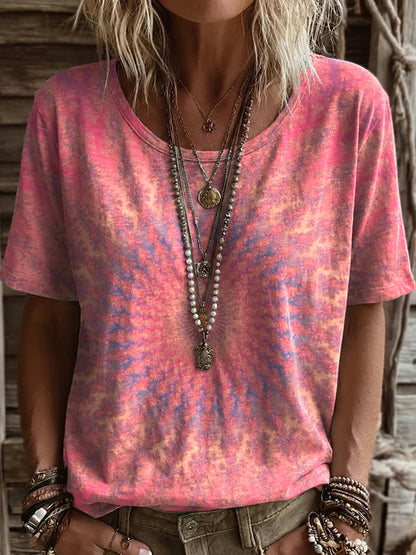 Women's Vintage Ethnic Pink Mandala Art Printed Casual Round Neck Short Sleeve Cotton T-shirt