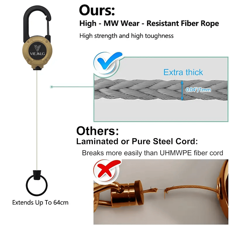 🔑Retractable Carabiner Keychain – 65cm steel lanyard, 100,000 pull cycles. Lightweight & sturdy.