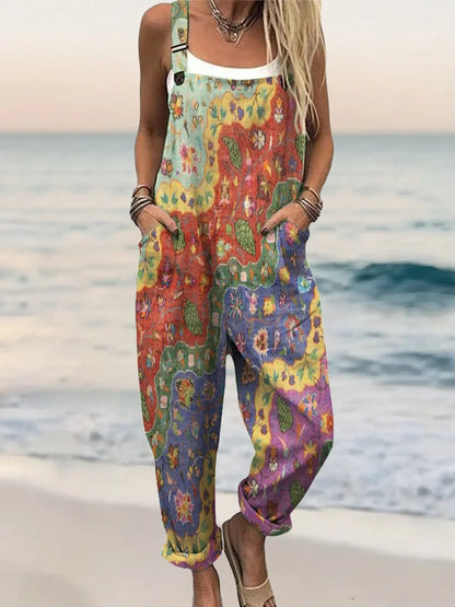 Women's Boho Floral Wave Collage Art Printed Cotton And Linen Casual Pants