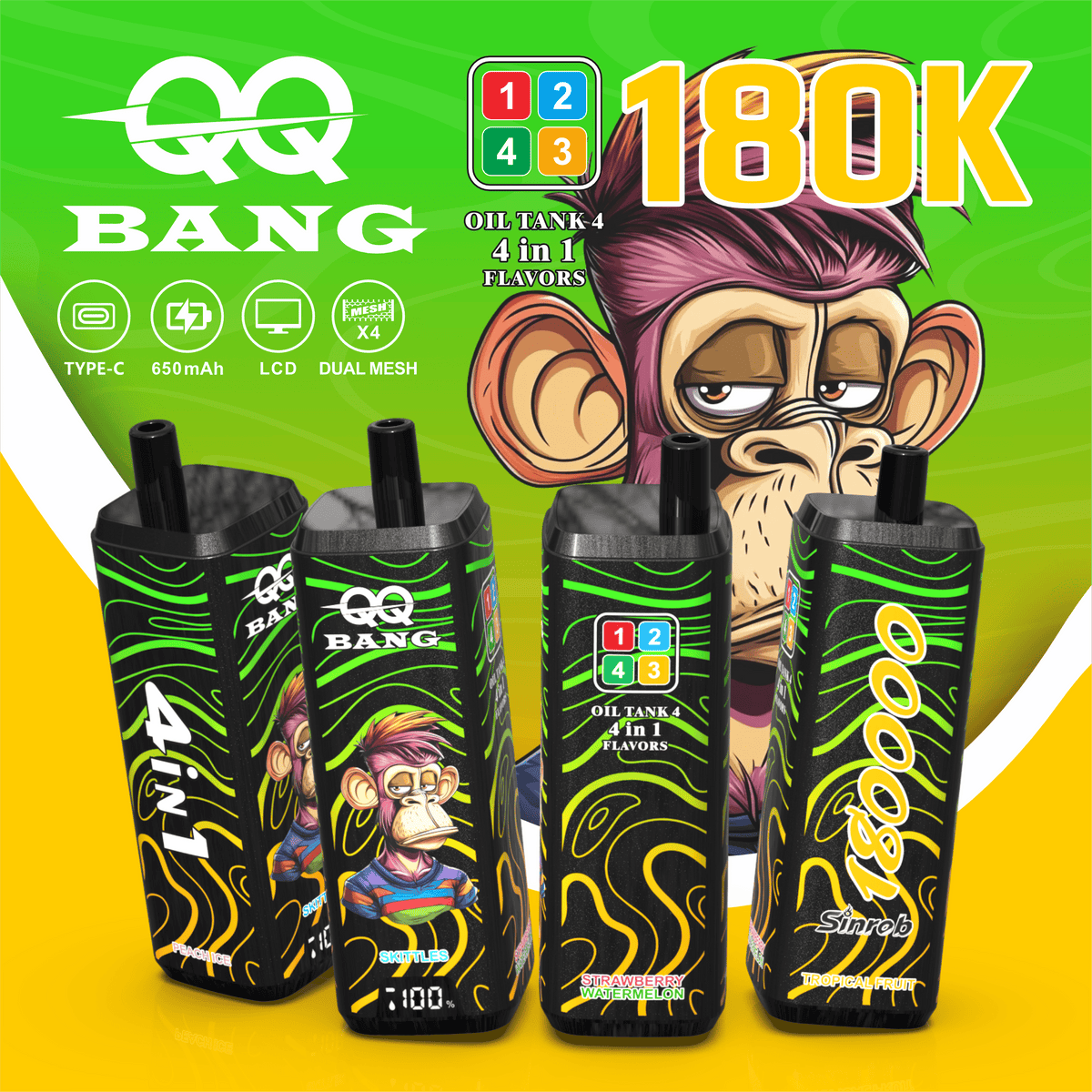 QQ Bang 180000 180K Puffs 4 In 1 Flavors LCD Display Rechargeable Disposable Vape