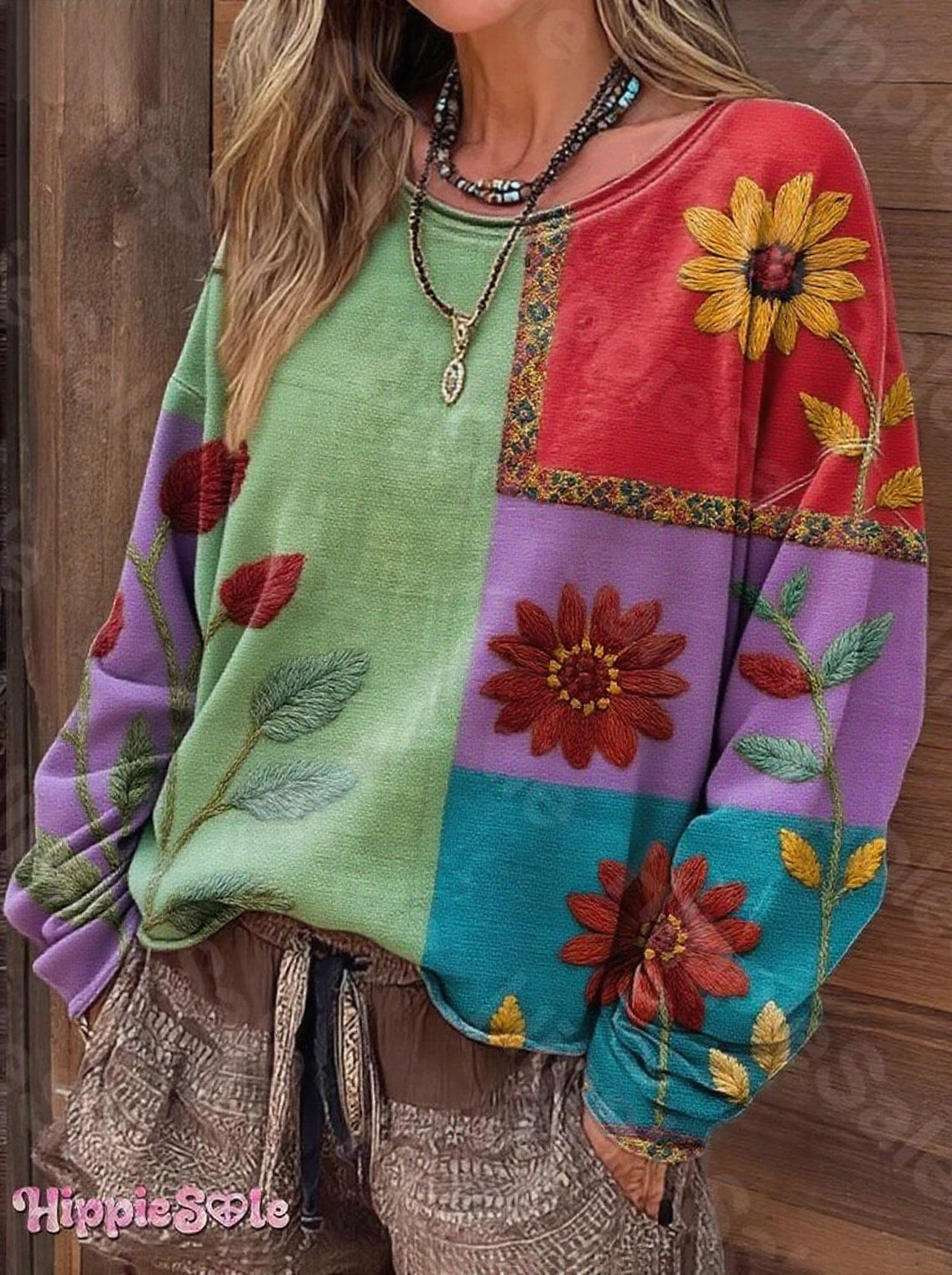 Women's Bohemian Floral Pattern Patchwork Art Print Casual Long Sleeve T-shirt
