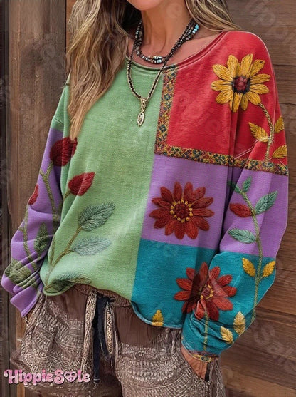 Women's Bohemian Floral Pattern Patchwork Art Print Casual Long Sleeve T-shirt