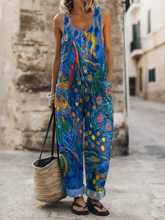 Women's Ethnic Floral Art Print Cotton Denim Overalls
