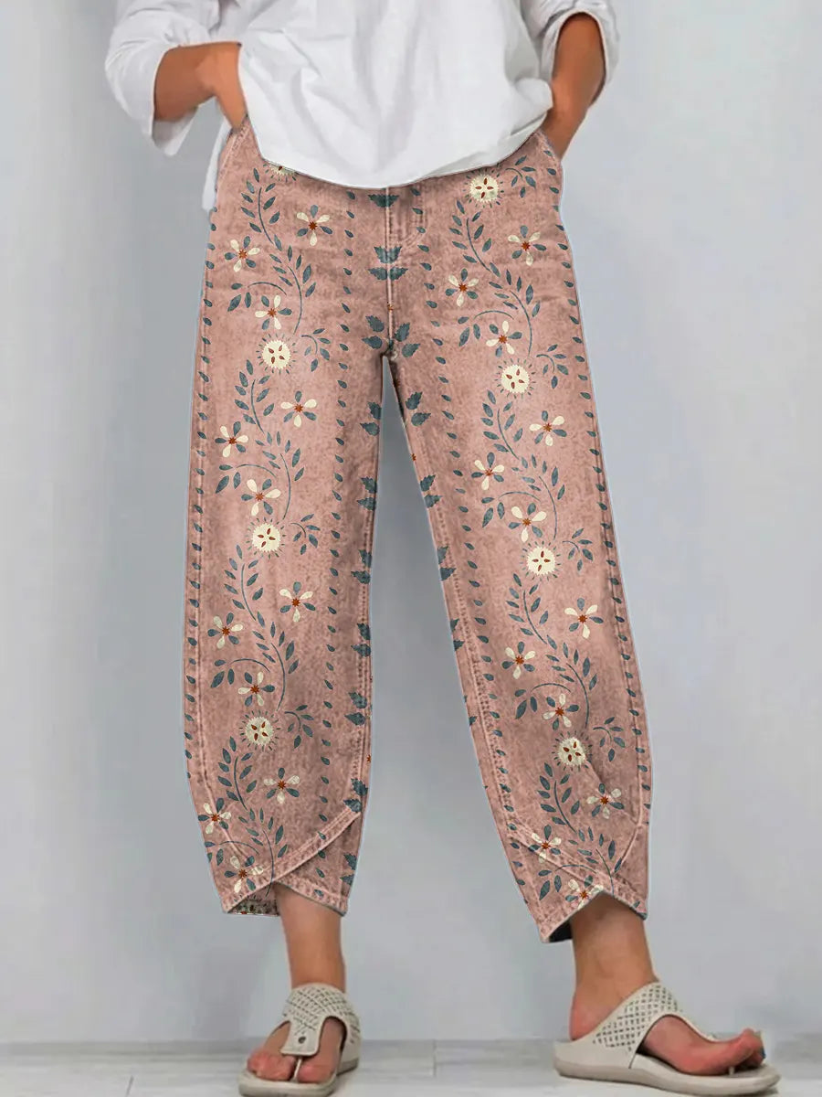 Ethnic Style Flowers Women's Art Pattern Print Casual Denim Cotton Pants