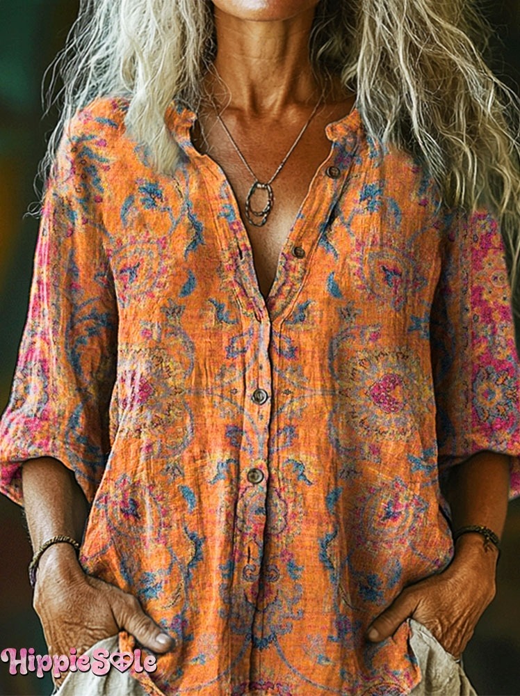 Women's Retro Ethnic Totem Art Pattern Print Pocket V-neck Cotton Dress