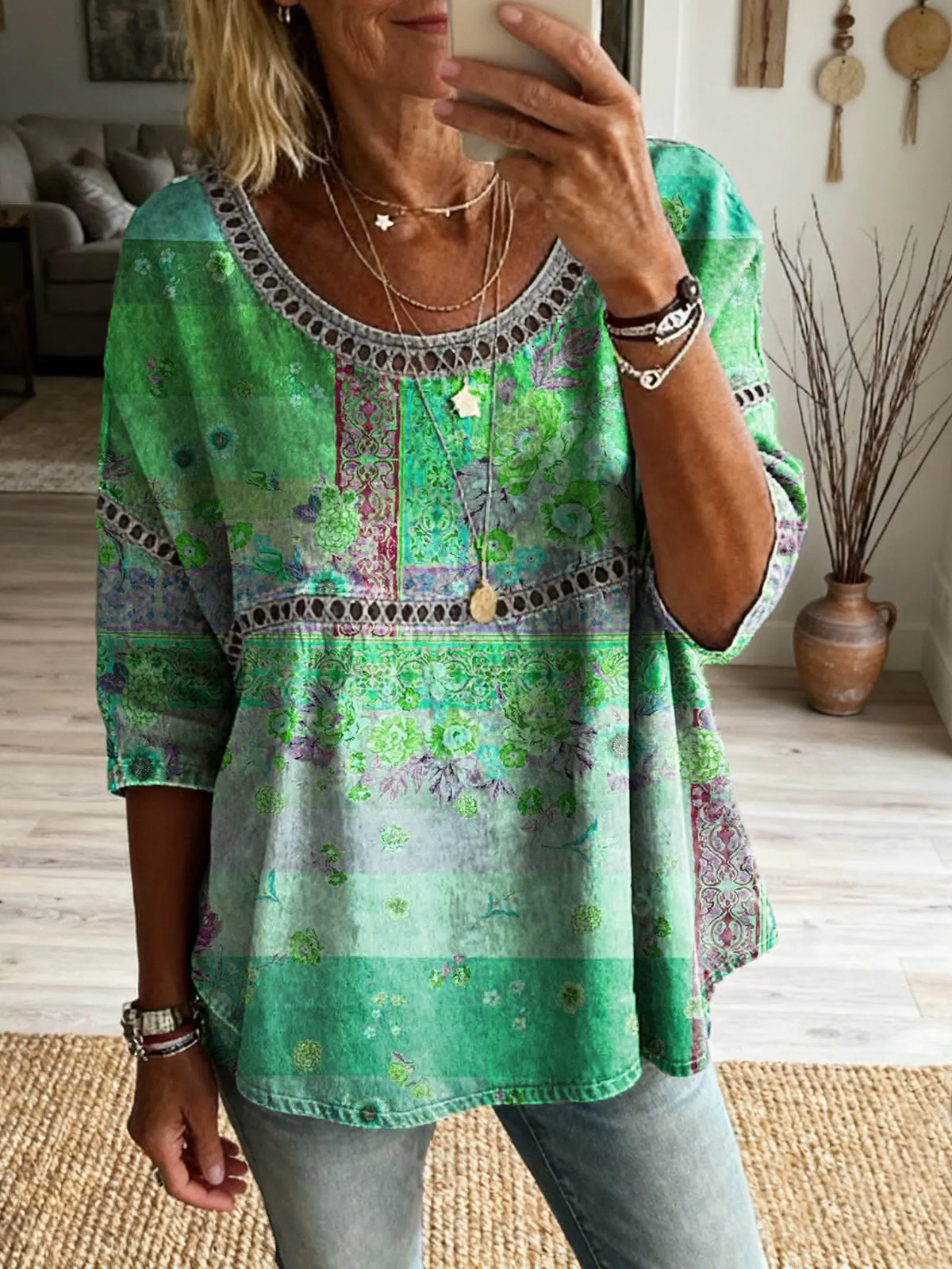 Women's Floral Pattern Art Print Casual V-neck Lace-up Top