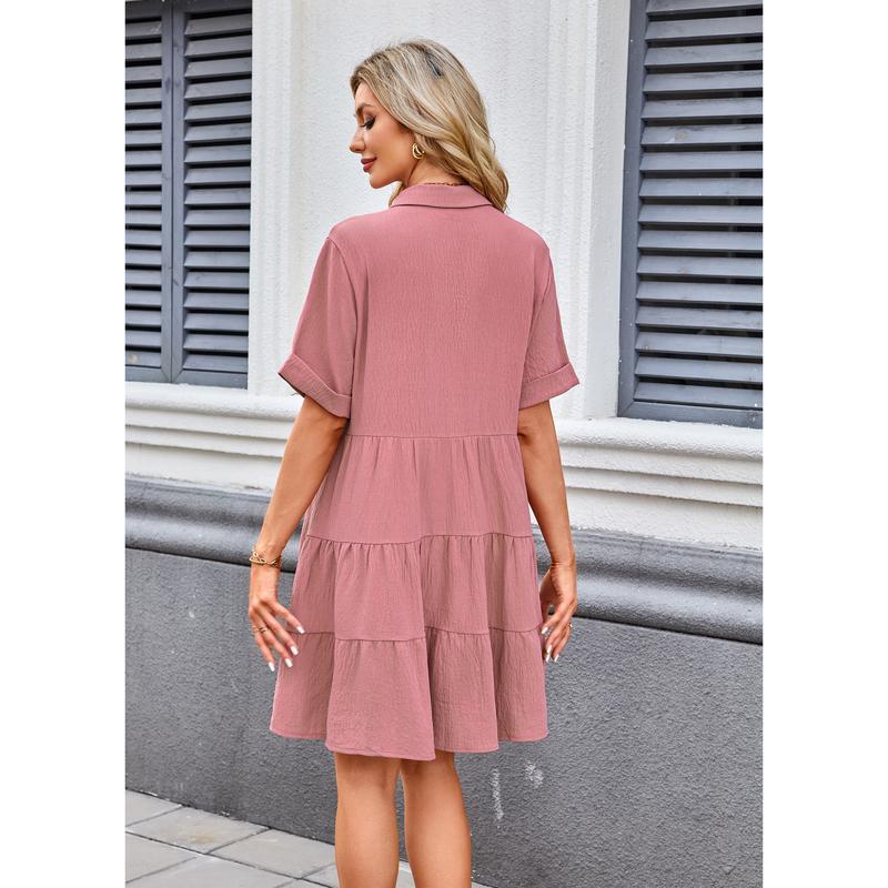 💃2026 Summer Hot Sale 70% OFF✨Women's Short Sleeve Button Down Textured Babydoll Dress Dress with Pockets