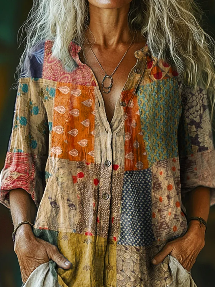 Women's Vintage Ethnic Floral Pattern Art Print Cotton-linen Button-down Shirt