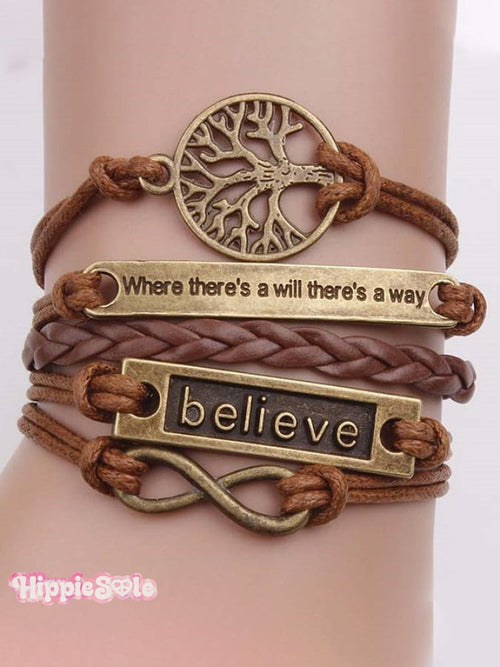 Life Tree Believe Vintage Leather Rope Bracelet