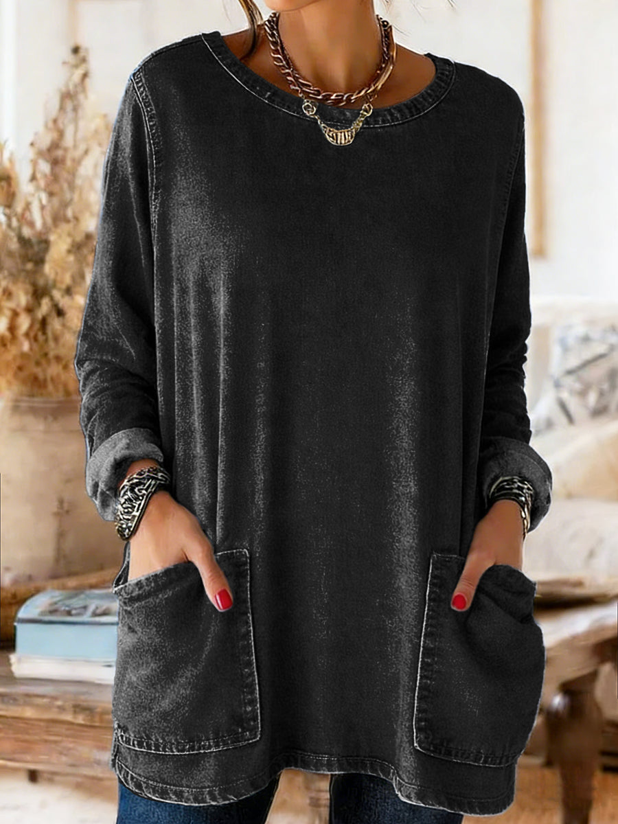 Women's Casual Long-Sleeve Crew Neck Pocket Washed Cotton Denim T-Shirt