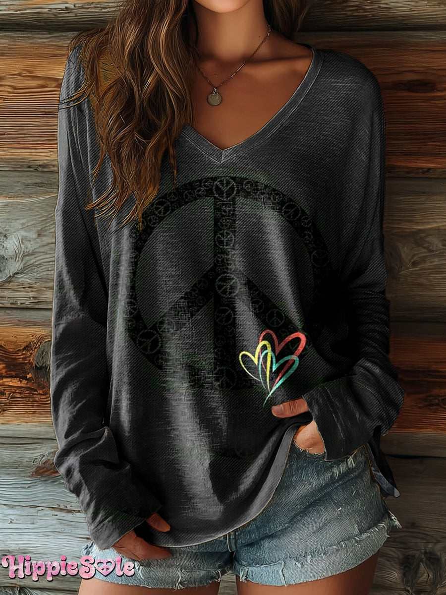 Women's Hippie Peace Heart Art Pattern Print Casual V-neck Long Sleeve T-shirt