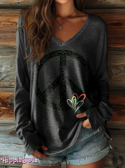 Women's Hippie Peace Heart Art Pattern Print Casual V-neck Long Sleeve T-shirt