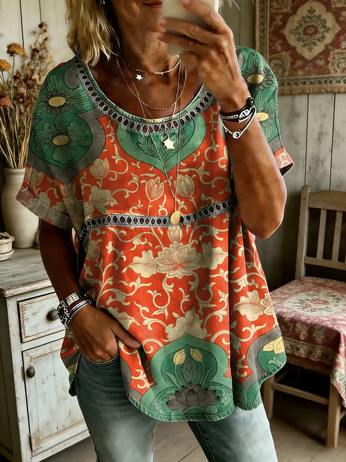 Women's Folk Floral Art Print Round Neck Short Sleeve Hollow-Out Shirt
