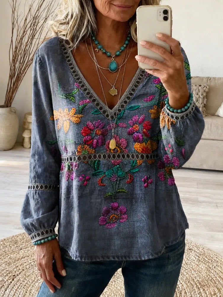 Women's Floral Art Print Casual Long-Sleeved V-Neck Hollow-Out Top