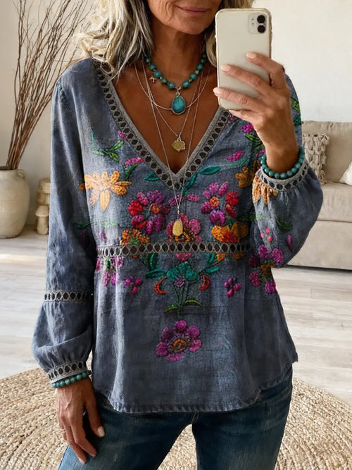 Women's Floral Art Print Casual Long-Sleeved V-Neck Hollow-Out Top